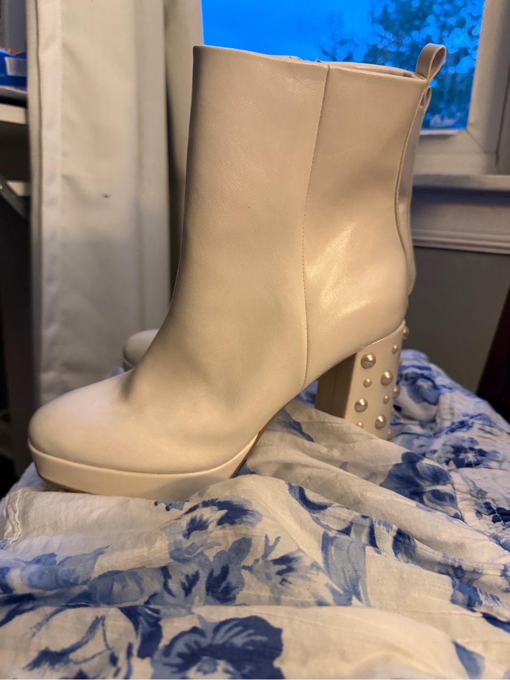 Pearl White Platform Ankle Boots with Studded Heel